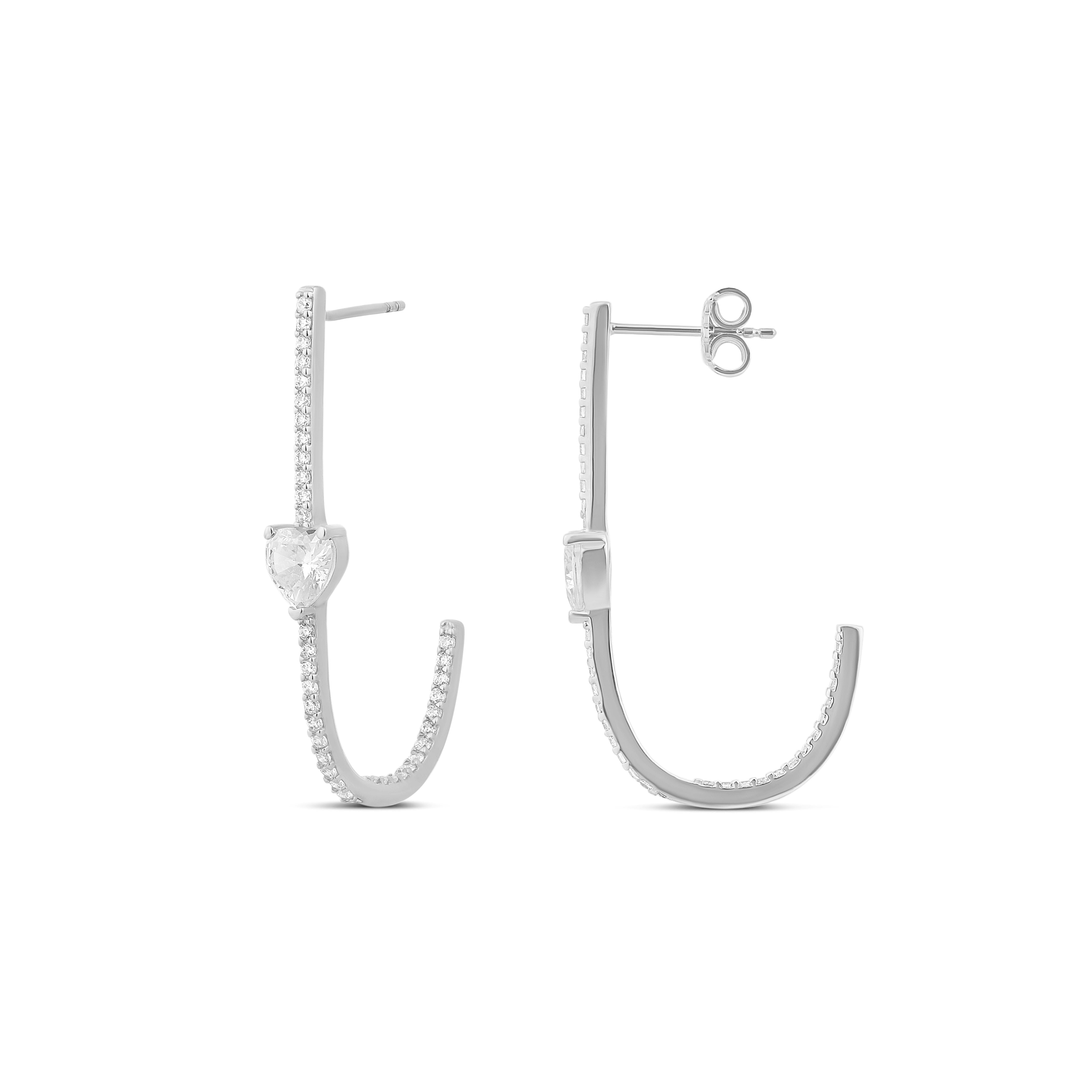 Solitaire Heart Pave J Hoop Earrings