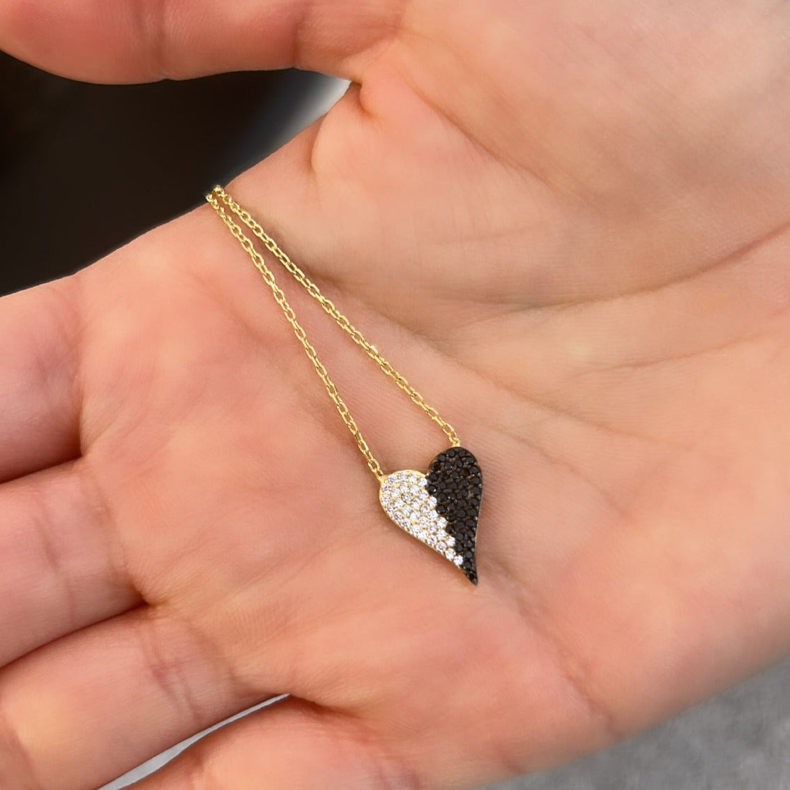 Elongated Black and White Heart Necklace