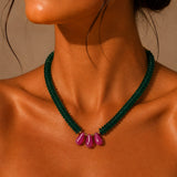 Green Onyx and Ruby Drop Necklace