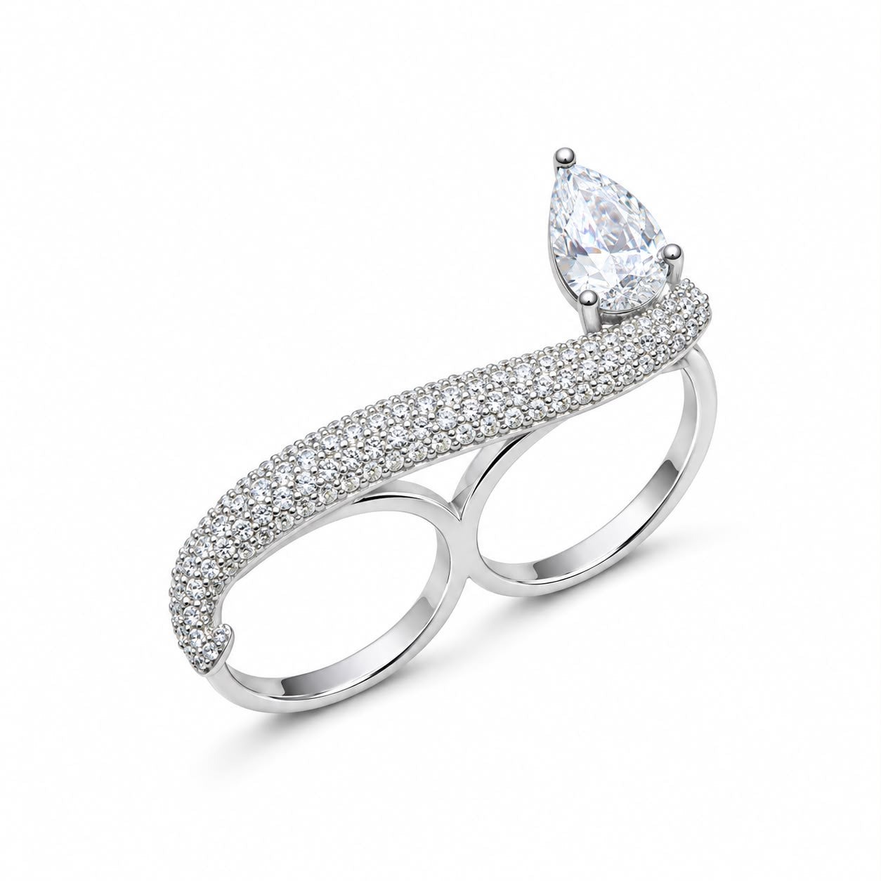 Pave Pear Double Finger Ring