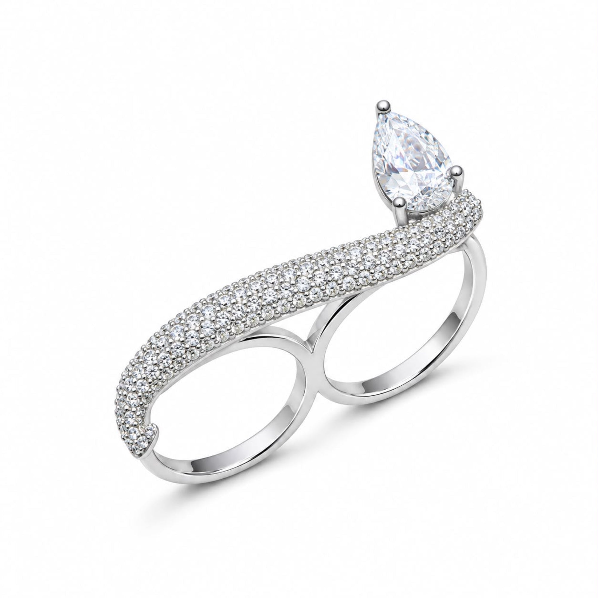 Pave Pear Double Finger Ring